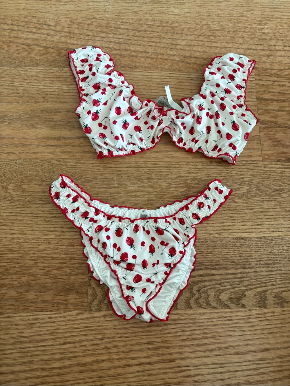 White and Red Strawberry Print Ruffled Bikini Set